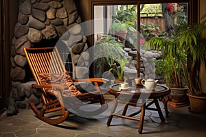 rocking chair beside a patio fireplace, with a cup of coffee on a side table