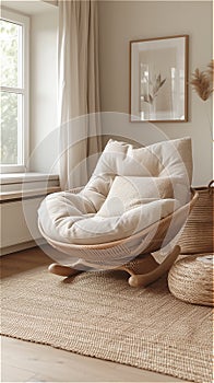 The rocking chair is soft and comfortable by the window in a bright room, natural materials.