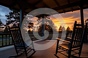 rocking chairs on a craftsman style porch during sunset