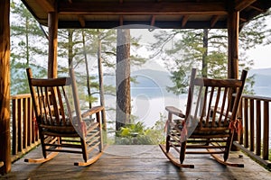 rocking chairs on a lakeside cabins porch