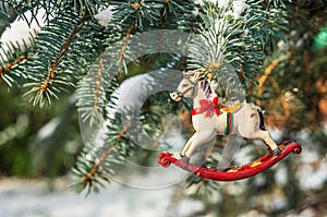 Rocking horse, closeup of Christmas tree decoration