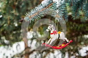 Rocking horse, closeup of Christmas tree decoration