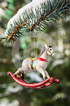 Rocking horse, closeup of Christmas tree decoration