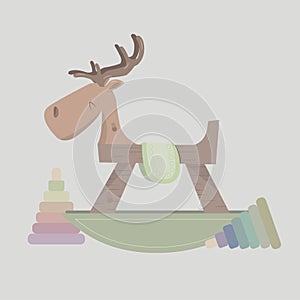 Rocking horse with moose head. Cute children\'s toy in pastel colors. Ð¡lassic wooden swing.