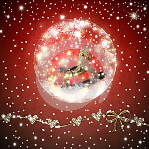 Rockinghorse inside shiny ball Christmas card