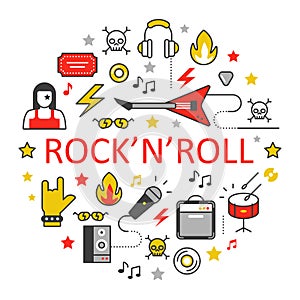 Rocknroll Line Art Thin Icons Set with Musical Instruments photo