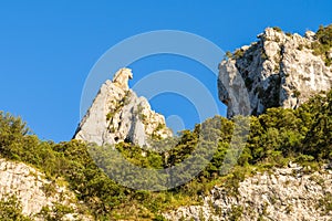 The rocks above the Pont dArc in the Gorges de lArdeche in Europe, France, Ardeche, in summer, on a sunny day