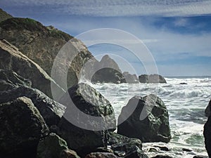 Rocks along the California Coastline with waves of the Pacific Ocean