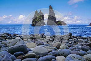 Rocks at Baia de Alagoa on the fairy tale island of Ilha das Flores, Azores, Portugal