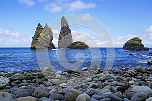 Rocks at Baia de Alagoa on the fairy tale island of Ilha das Flores, Azores, Portugal