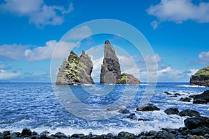 Rocks at Baia de Alagoa on the fairy tale island of Ilha das Flores, Azores, Portugal