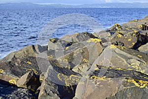 Rocks blurry background yellow stones ocean blue ripples