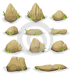 Rocks And Boulders With Grass Leaves Set