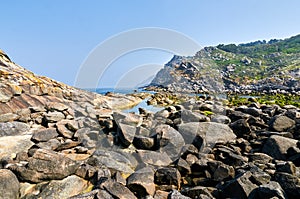 Rocks in Cies Islands seaside. Vigo, Pontevedra Spain