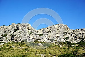 Rocks and clear the blue sky and green grass photo