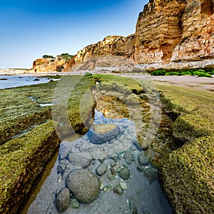 Rocks and Cliffs of Porto de Mos Beach in the Morning, Lagos