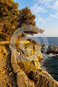 Rocks and cliffs shoreline sunset of Cap Ferrat cape hosting Saint-Jean-Cap-Ferrat resort town on at French Riviera in France