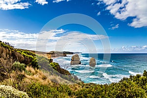 Rocks of the coastal strip of the Twelve Apostles. The Great Ocean Road. The morning on the Pacific coast near Melbourne. Travel