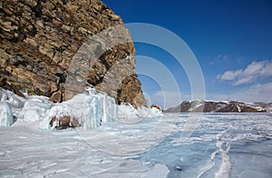 Rocks covered by ice on winter siberian Baikail lake