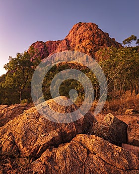 Rocks and dawn light at Castle Hill Mountain in Townsville in australia