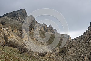 Rocks in Dead city. Khoba-Tele Ridge of Karadag Reserve in spring. Crimea