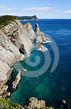 Rocks and Deep Turquoise Sea Bay aerial view