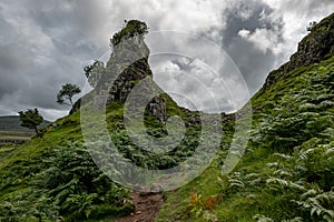 The rocks of Faerie Castle Castle Ewen at the Fairy Glen in Isle of Skye in Scotland