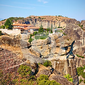 Rocks and The Holy Trinity monastery in Meteora