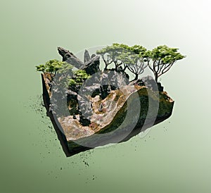 Rocks jungle cross section with earth land and green grass. Fantasy floating island with natural on the rock, surreal float