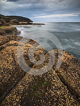 rocks leading to a headland over a body of water on the coast