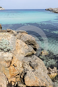 Rocks by the Mediterranean sea on the island of Ibiza in Spain,