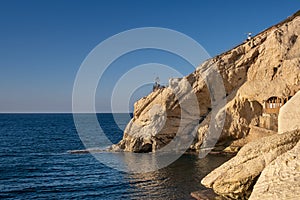 Rocks and the Mediterranean Sea at Rosh Hanikra. Sunset time. Israel