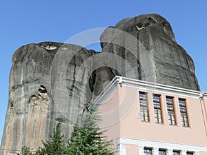 Rocks of Meteora in Greece, with building