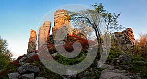 Rocks in mountain landscape at sunset panorama in Slovakia, Vtacnik