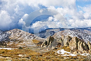 Rocks, mountain peaks, and beautiful clouds of Australian Alps