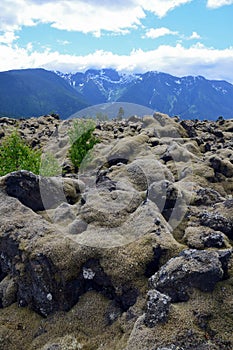 Rocks and mountains in Nisga`a Memorial Lava Bed, British Columbia, Canada