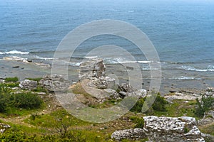 Rocks near Baltic sea. Rocky shore in Sweden. Gotland island. Photo of scandinavian nature.