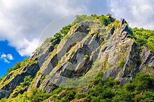 Rocks near Rhein Rhine river in Loreley Lorelei, Rhein-Lahn-Kreis, Rhineland-Palatinate, Rheinland-Pfalz, Germany