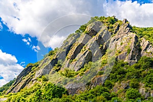 Rocks near Rhein Rhine river in Loreley Lorelei, Rhein-Lahn-Kreis, Rhineland-Palatinate, Rheinland-Pfalz, Germany