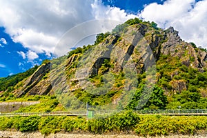 Rocks near Rhein Rhine river in Loreley Lorelei, Rhein-Lahn-Kreis, Rhineland-Palatinate, Rheinland-Pfalz, Germany