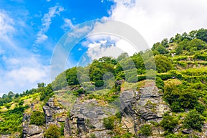 Rocks near Rhein Rhine river in Loreley, Rhein-Lahn-Kreis, Rhineland-Palatinate, Rheinland-Pfalz, Germany