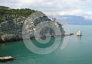 Rocks overgrown with forest by the sea green