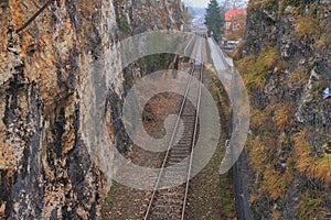 Rocks and railroad. Sigmaringen, Baden-Wurttemberg, Germany