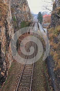 Rocks and railway track. Sigmaringen, Baden-Wurttemberg, Germany