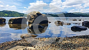 Rocks and relfections in Lake Windermere, Lake District in summer