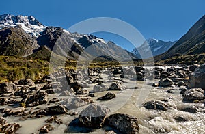 Rocks, river and snowy mountains in the background. Walking the