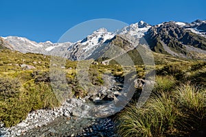 Rocks, river and snowy mountains in the background. Walking the