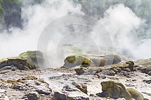 Rocks, smoke or vapor in nature with landscape, sulphuric pool or volcano in environment. Steam, mist and fog with heat