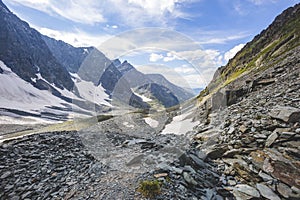 Rocks and snow in Kuiguk valley, Altai