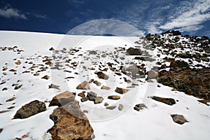Rocks, snow, sky and clouds in mountains